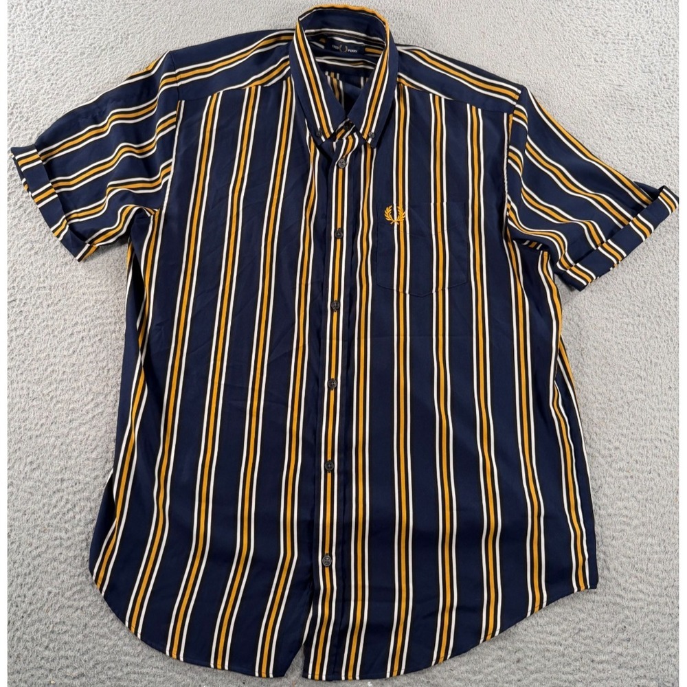 Fred Perry Shirt Men's XL Blue Yellow Striped Short Sleeve Button Down Polyester